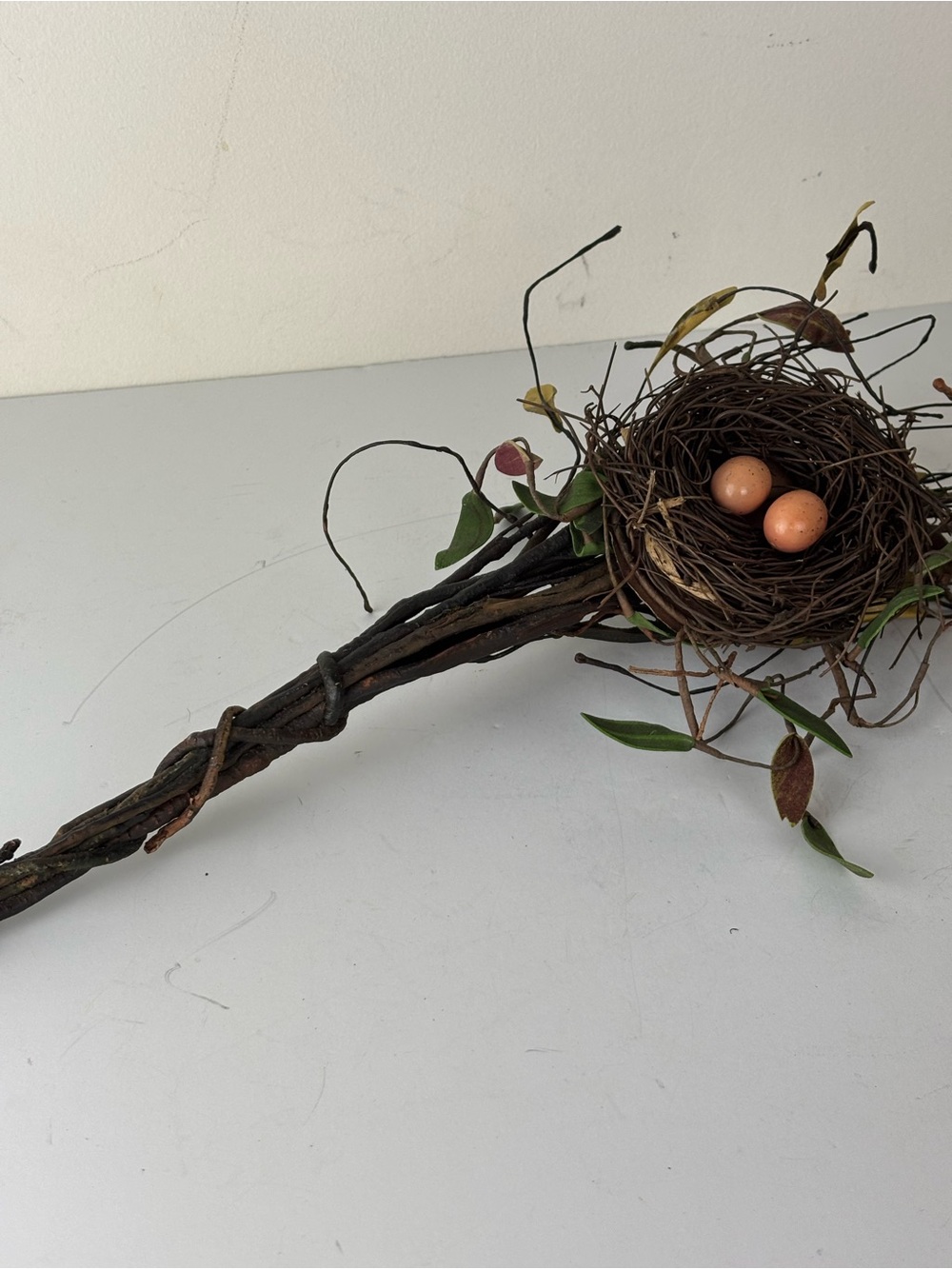 Rustic Vine Nest Decor Stem with Speckled Eggs - Brown & Green